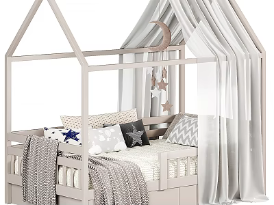 Kids Bed with House Shaped Frame Canopy Curtains Stars Moon Decor Pillows Blankets 3d model