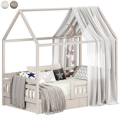 Kids Bed with House Shaped Frame Canopy Curtains Stars Moon Decor Pillows Blankets 3d model