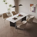 Modern Rectangular Dining Table Set With Marble Top Beige Metal Leg Chairs And Pendant Lights 3d model