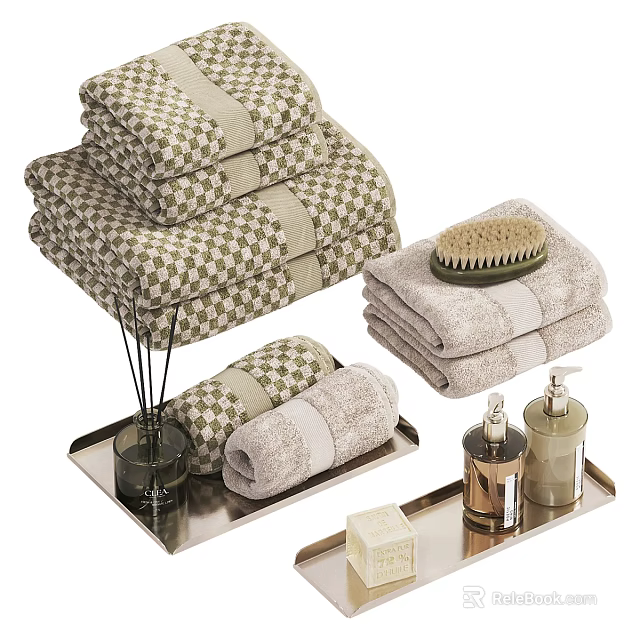 Bathroom Accessories With Checkered Towels Bath Brush Aromatherapy Bottles Soap On Metal Trays 3d model 