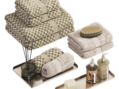 Bathroom Accessories With Checkered Towels Bath Brush Aromatherapy Bottles Soap On Metal Trays 3d model