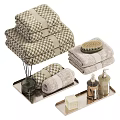 Bathroom Accessories With Checkered Towels Bath Brush Aromatherapy Bottles Soap On Metal Trays