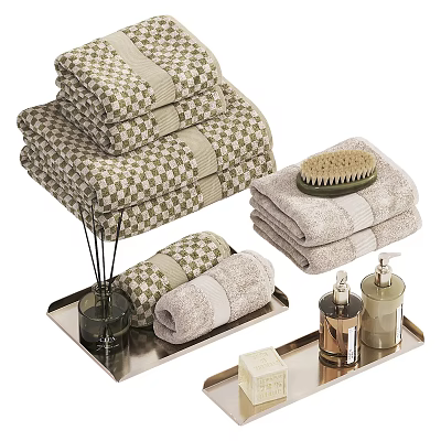 Bathroom Accessories With Checkered Towels Bath Brush Aromatherapy Bottles Soap On Metal Trays 3d model