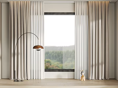 Light Colored Curtains Enhancing Modern Room With Floor Lamp And Scenic View 3d model