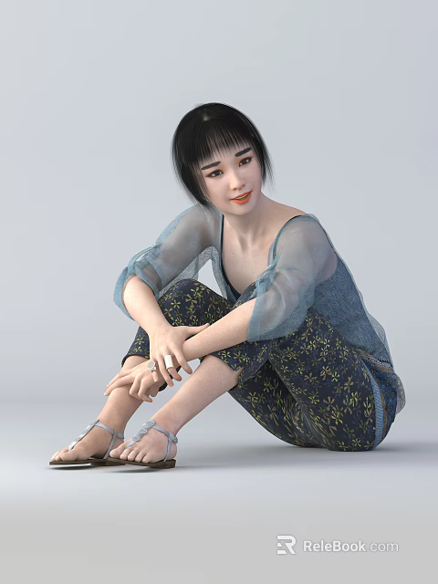 Woman Sitting On Floor In Blue Sheer Top And Dark Floral Pants With Sandals 3d model 