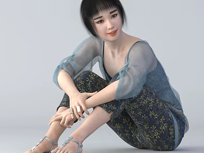 Woman Sitting On Floor In Blue Sheer Top And Dark Floral Pants With Sandals 3d model