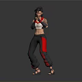 Woman In White Top And Black Pants With Red Accents Wearing Boxing Gloves In Stance