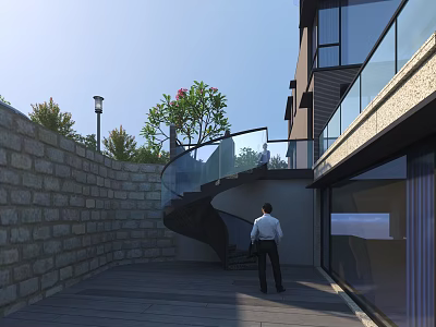 Modern Outdoor Spiral Staircase With Glass Railing Stone Wall And Surrounding Trees 3d model