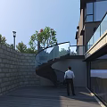 Modern Outdoor Spiral Staircase With Glass Railing Stone Wall And Surrounding Trees