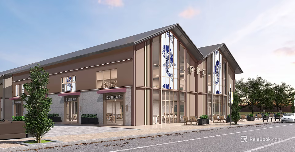Modern Commercial Street With Traditional Design Large Glass Windows Blue Decorative Patterns And Outdoor Seating 3d model 