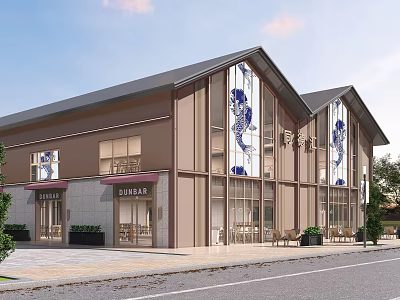 Modern Commercial Street With Traditional Design Large Glass Windows Blue Decorative Patterns And Outdoor Seating 3d model