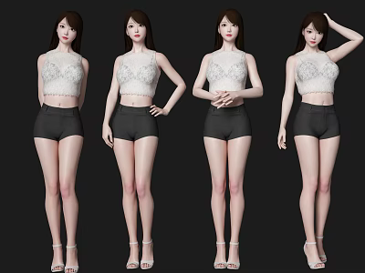 Full Length Woman in White Top Black Shorts and High Heels with Multiple Poses 3d model