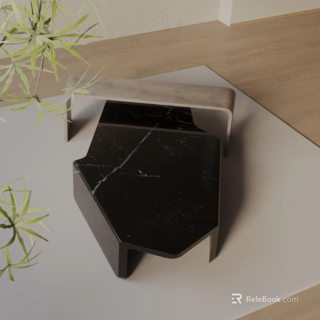 Modern Sofa Coffee Table Set With Sleek Black Marble Top And Wooden Legs Alongside Green Leaves 3d model 