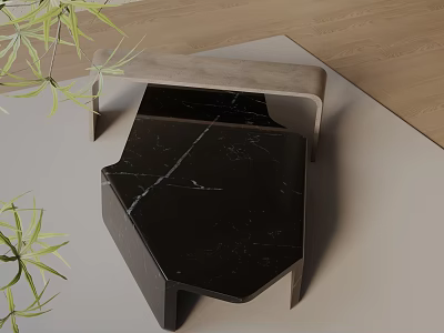 Modern Sofa Coffee Table Set With Sleek Black Marble Top And Wooden Legs Alongside Green Leaves 3d model