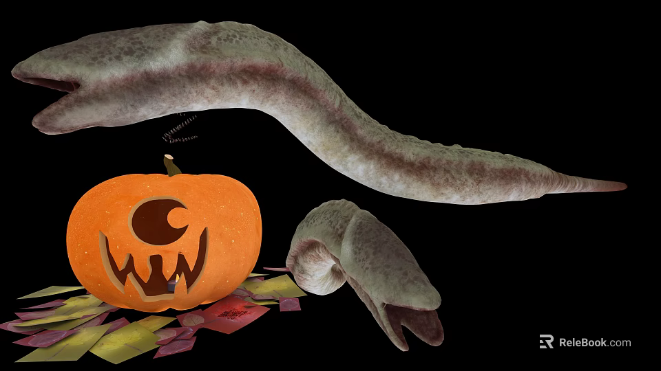 Spooky Halloween Jack O Lantern With Coiled Snake And Colorful Autumn Leaves 3d model 