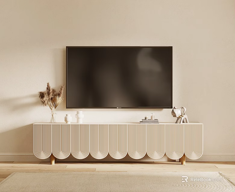 Light Colored TV Stand With Scalloped Design And Decorative Ornaments Under Mounted TV 3d model 