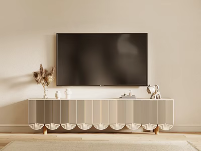 Light Colored TV Stand With Scalloped Design And Decorative Ornaments Under Mounted TV 3d model