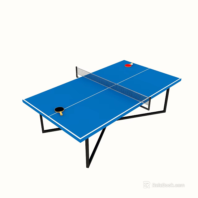 Blue Ping Pong Table Sports Equipment With Net Yellow And Red Paddles And Red Ball 3d model 