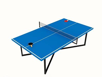 Blue Ping Pong Table Sports Equipment With Net Yellow And Red Paddles And Red Ball 3d model