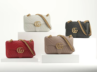 Elegant Quilted GG Logo Bags With Chain Straps In Various Colors Displayed On White Platforms 3d model