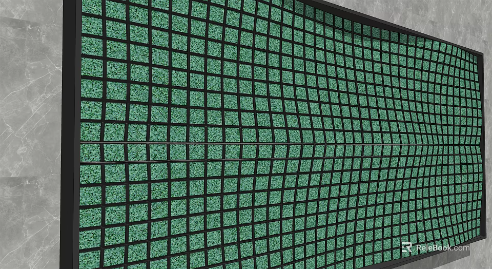 Lush Green Plant Wall With Black Grid Panels Creating Modern Vertical Garden Design 3d model 