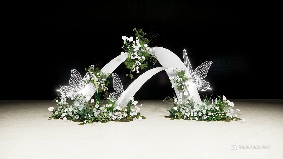 White Curved Wedding Arch With Butterfly Decorations White Flowers And Greenery 3d model 