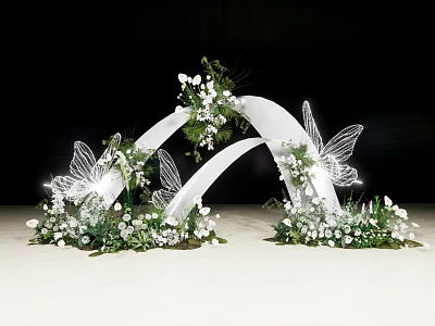 White Curved Wedding Arch With Butterfly Decorations White Flowers And Greenery 3d model