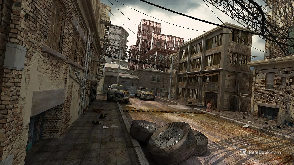 Abandoned Urban Street Scene With Dilapidated Buildings Old Cars Scattered Stones And Overhead Wires 3d model 