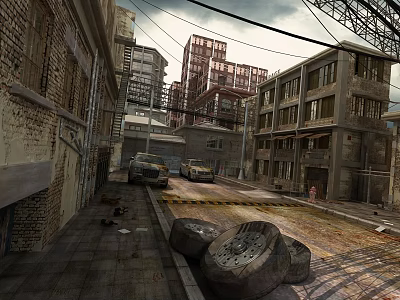 Abandoned Urban Street Scene With Dilapidated Buildings Old Cars Scattered Stones And Overhead Wires 3d model