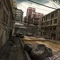 Abandoned Urban Street Scene With Dilapidated Buildings Old Cars Scattered Stones And Overhead Wires