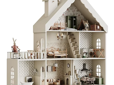 Detailed Multi Level Dollhouse With Staircase Furniture Decorations And Interior Rooms 3d model