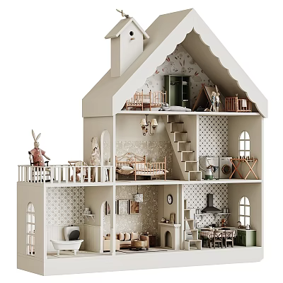 Detailed Multi Level Dollhouse With Staircase Furniture Decorations And Interior Rooms 3d model