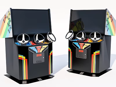 Arcade Game Machines with Steering Wheel Controllers Black Body and Colorful Stripes as Entertainment Appliances 3d model