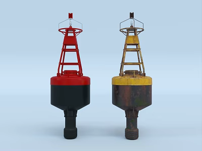 Two Lighthouse Shaped Buoys in Red Black Yellow Brown Colors on Light Blue Background 3d model