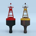 Two Lighthouse Shaped Buoys in Red Black Yellow Brown Colors on Light Blue Background