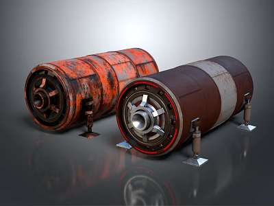Industrial Rollers With Rusty Surface And Central Metal Components On Support Stands 3d model