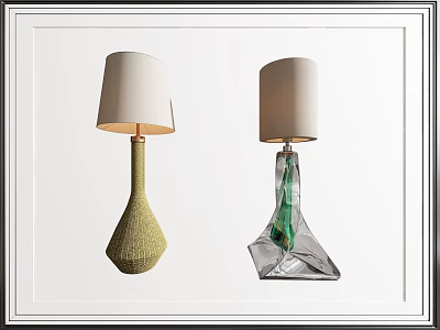 Two Decorative Table Lamps With White Shades Green Woven And Transparent Glass Bases 3d model