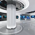 Futuristic Digital Space With Blue Grid Lines Reflective Floor And Central Structure