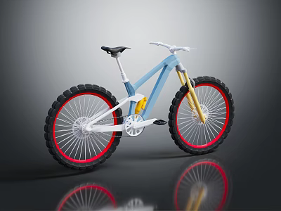Modern Mountain Bike With Blue Frame White Handlebars Red Rims And Black Tires 3d model