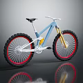 Modern Mountain Bike With Blue Frame White Handlebars Red Rims And Black Tires