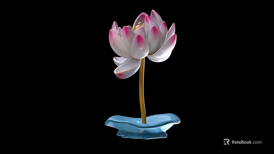 Pink And White Lotus Decorative Item With Golden Stamen And Blue Base 3d model 