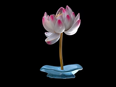 Pink And White Lotus Decorative Item With Golden Stamen And Blue Base 3d model