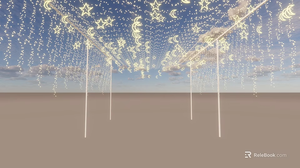 Event Entrance Featuring Star Moon Shaped Lights Blue Sky Background and White Pillars 3d model 