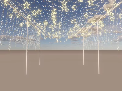 Event Entrance Featuring Star Moon Shaped Lights Blue Sky Background and White Pillars 3d model