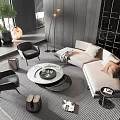 Modern Living Room Interior With Beige Corner Sofa Round Coffee Table Armchairs And Floor Lamp