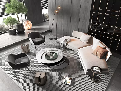 Modern Living Room Interior With Beige Corner Sofa Round Coffee Table Armchairs And Floor Lamp 3d model