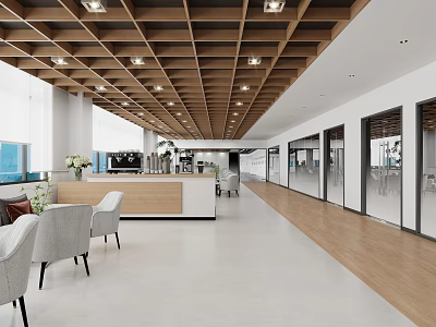 Modern Lounge Area Interior With Wooden Ceiling Coffee Bar Tables And Comfortable Chairs 3d model