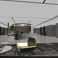 Modern Reception Desk With Marble Counter Curved Design Wooden Decor Stylish Lighting And Green Plants