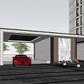 Modern Building Entrance Gate With Canopy Decorative Wall And Ground Lights Near Red Car