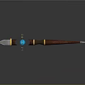 Fantasy Wooden Staff With Blue Gemstone Metal Ring And Sharp Spike
